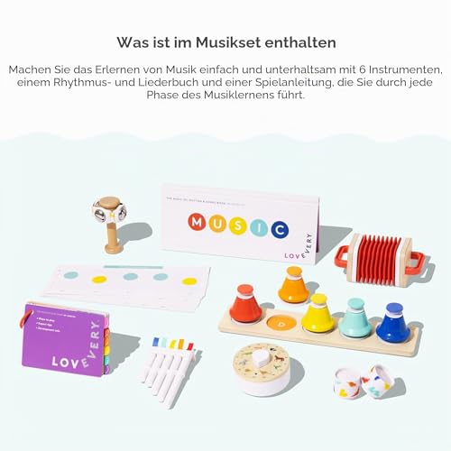 Lovevery The Music Set, Mehrfarbig/Meereswellen (Ocean Tides), Medium, 6 Musikinstrumente, Buch mit Rhythmen und Liedern