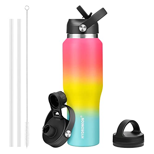 Image of HYDROWION Stainless Steel Water Bottle, 32oz Wide Mouth Double Wall Vacuum Insulated Water Bottle with Straw Lid, Spout Lid and Flex Cap, Leakproof,Fit in Any Car Cup Holder, Red&Yellow&Blue