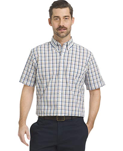 Arrow 1851 Men's Hamilton Poplin Short Sleeve Button Down Plaid Shirt, Rich Skyway, X-Large