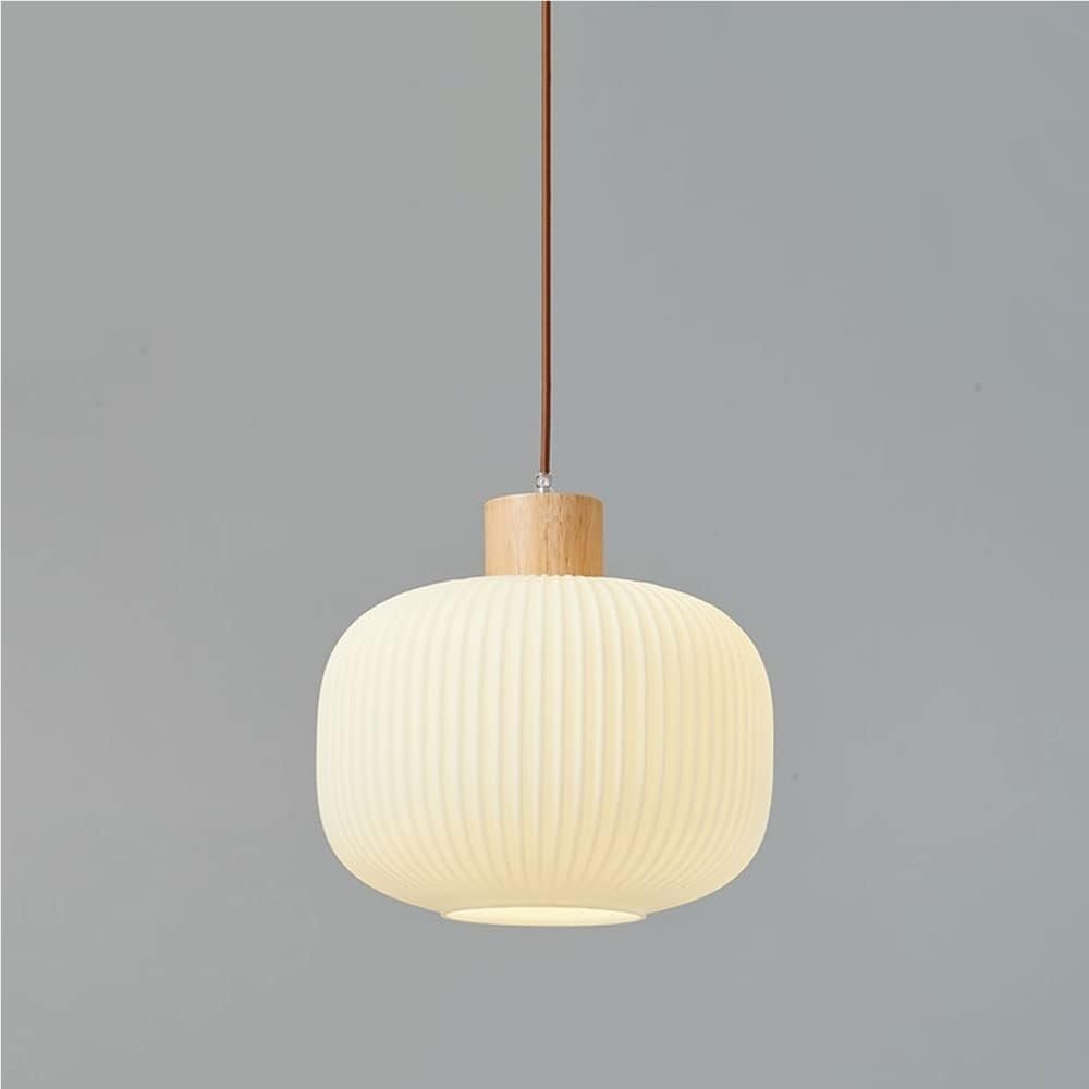 Granestner Nordic Timber Pendant Light with White Ribbed Glass Shade E27 Drop Ceiling Chandelier Kitchen Island Lighting Fixture(Dia-30cm)