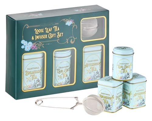 New English Teas Loose Leaf Tea & Infuser Gift Set – 3 Vintage Victorian Tins with Breakfast, Earl Grey & Afternoon Blends with Loose Tea Infuser