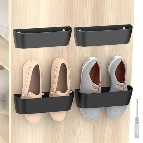 Wall Mounted Shoes Rack, 4pcs Motorhome Shoe Holder, Wall Shoe Rack Shoe Hooks Self Adhesive/Drilling 2Ways Installation Caravan Accessories Essentials Gadgets for Entryway Over the Door Shoe Hangers