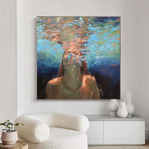 Cuadro del océano azul para salón con retrato de mujer bajo el agua