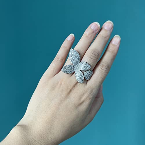 Dnswez Flower Open Ring Cz Cubic Zirconia Silver Cluster Cocktail Butterfly Statement Rings For Women Girl (Light Gray, Adjustable) #TOP4