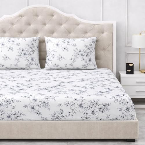Image of 300 TC Cotton Feel Glace Cotton Elastic Fitted Bedsheet for King Size Double Bed | Fits up to 8 Inch Mattress | Printed Bedsheet with 2 Pillow Covers (White Black, Double Size - 72 inchx72 inch)