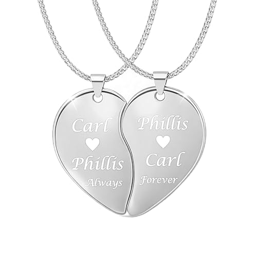 Personalized Silver Broken Heart Necklace Set Custom Engraved Free - His & Hers Couple's Jewelry - Split Heart Keepsake, Free Engraving - Ships from USA