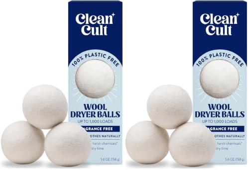 Cleancult Wool Dryer Balls (3 Count) - Made from 100% New Zealand Wool - Biodegradable Dryer Balls - Shorten Dry Times, Soften Clothes, and Stop Static Cling - Lasts up to 1000 Loads (Pack of 2)