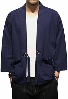 Men's Kimono Jackets Cardigan Casual Cotton Blends Linen Seven Sleeve Open Front Embroidery Coat
