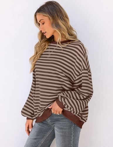 Image of UEU Women Oversized Striped Crewneck Sweatshirt Long Sleeve Color Block Pullover Tops Casual Loose Workout Shirt