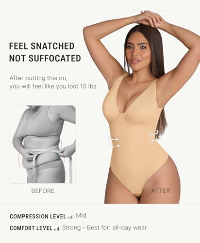 Image of FeelinGirl Shapewear Bodysuits for Women Tummy Control Body Suits Deep V Neck Thong Body Shaper