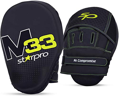 Starpro M33 curvos Manoplas Boxeo | Cuero sintético Mate | Negro y Verde | Pads para Coaching en Boxeo MMA Kickboxing Artes Marciales Muay Thai y Entrenamiento