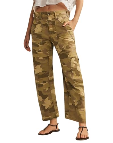 LifeShe Camo Cargo Pants for Women Army Camouflage Mid Rise Wide Straight Leg Trousers with Belt