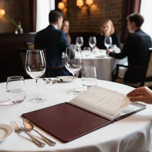 Premium Kunstleder Speisekartenhalter & Präsentationsmappe – A4 – 4 Seiten, 8 Ansichten, transparente Hüllen, abgerundete Ecken, ohne Logo (Walnussrot)