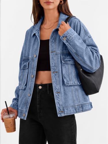 Trendy Queen Women's Oversized Jean Jacket Button Down Denim Coat | Classic Jacket with Pockets, Denim Outfit, Loose Fit, Fall Retro Boyfriend Fit Shackets, Spring Fashion Clothing — view 5