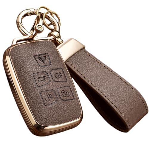 Axtrulix Key Fob Cover for Land Rover with Key Chain Upper Leather + Soft TPU Key Cover Case Shell for Land Rover LR4 Range Rover Sport Evoque Jaguar XF XJ XJL F-pace (Brown)
