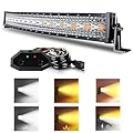 ASLONG 32 Inch 180W Curved LED Light Bar White/Amber Flasing Strobe with Six Modes Spot Flood Combo Offroad Driving Light, 1pcs Wiring Harness Switch for Pickup Offroad Truck 4WD SUV ATV UTV