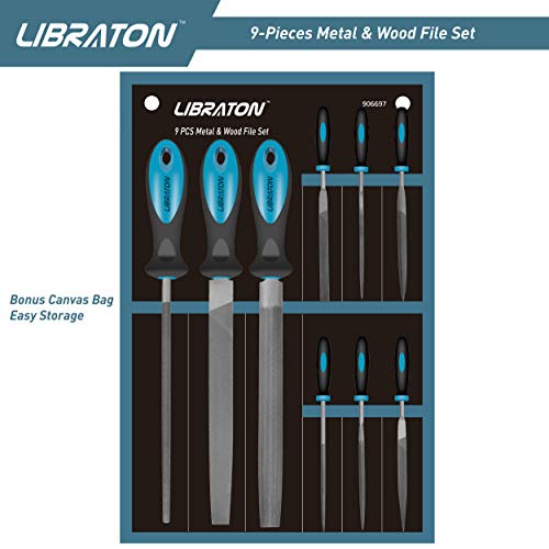 Libraton Metal File Set, Metal Files, 9PCs File Set, with Flat File, Round File, Half Round File and Needle Files of High Carbon Steel for Metal and Wood