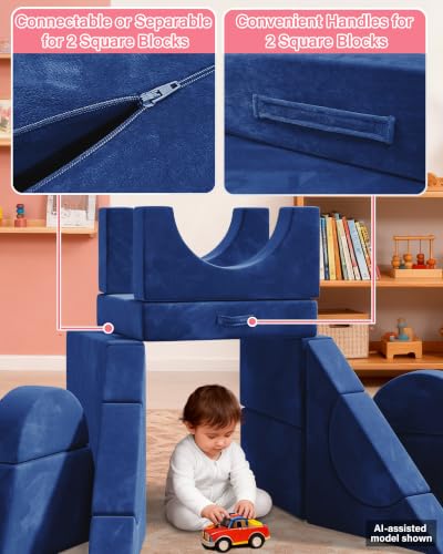 Image of YEFU 15pcs Modular Kids Play Couch，1000+ Imagination Creative Play | for kids ages 1+,7 shapes,countless configurations,30D high-density foam,fort building,washable cover, playroom,birthday gift