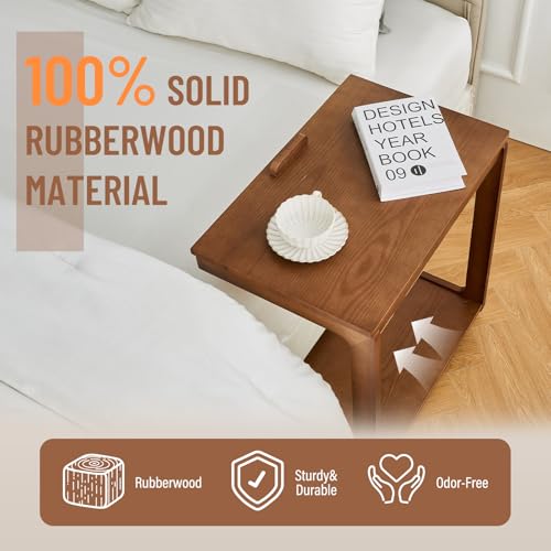 Image of Uniclinens Couch Tables that Slide Under - Rolling Side Table C Shape, Wooden Slim Sofa Desk with Wheels, Small TV Tray for Laptop Multi-Purpose Living Room Bedroom, Walnut