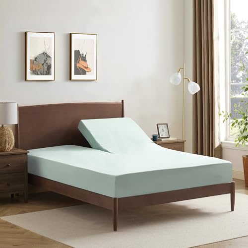Image of Split Head King Sheets Set for Adjustable Beds 4 Piece Flex Top Bed Sheets - Deep Pocket Split Top Fitted Sheet with Built-in Corner Straps, Luxury Soft Cooling Bedding, Wrinkle Resistant, Mint