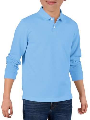 Haloumoning Boys Long Sleeve Pique Polo Shirts Kids School Uniform Shirt 5-14 Years Sky Blue