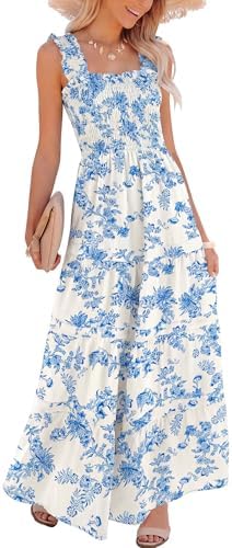 Caracilia Womens Summer Maxi Dresses Floral Smocked Sleeveless Ru...