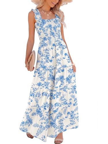 Image of Caracilia Womens Summer Maxi Dresses Floral Smocked Sleeveless Ruffle Boho Casual Flowy Aline Beach Vacation Long Sundress