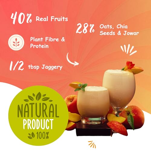 Image of Crevea Peach Mango Smoothie Mix: 7-8 Serves | Natural Fruit Powder, Oats, Chia Seeds | Added Protein & Fiber | No Preservatives | No Refined Sugar - Healthy Drink | Instant Smoothie Powder - 210g