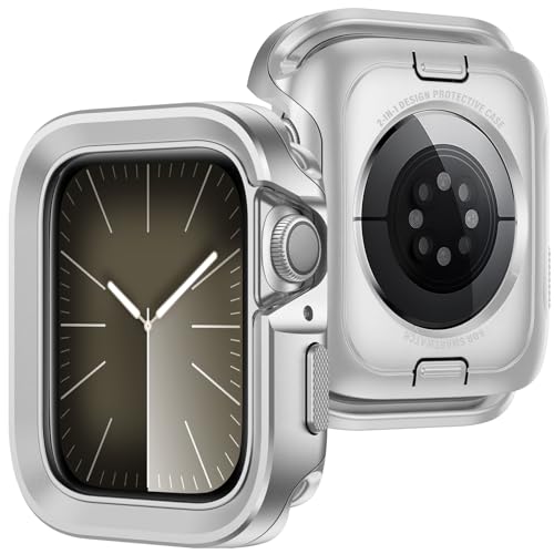 ZZDZZ 2 in 1 Hülle Kompatibel mit Apple Watch SE Series 6 Series 5 Series 4 44mm, Rundum Robuste Metall Rahmen Gehäuse Schutzhülle für iWatch 44mm - Silber