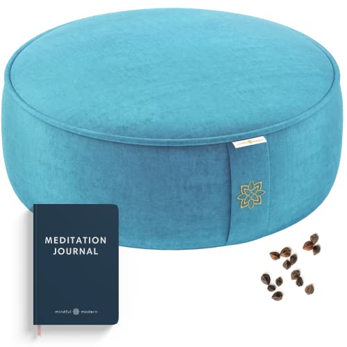 Mindful & Modern Velvet Meditation Cushion | Luxe Zafu Yoga Floor Pillow Seat | Posture Support | Buckwheat Hull Filled | Large Round Cushion with Removable Washable Cover + Carry Handle | Color Teal