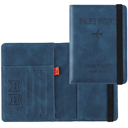 Image of Passport Holder Passport Cover with RFID Blocking Protector Travel Wallet Organiser for Men Women PU Leather Document Holder Credit Cards Boarding Ticket (Blue), Blue