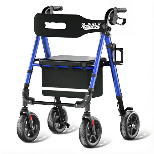 RollisRoll Walkers for Seniors Taller 5.3~7ft Lightweight Foldable Rollator Walker Built in Cable Reinforced Aluminum Frame 8 Big Rubber Wheels for All Terrain 350lb Weight Capacity Blue