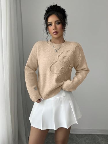 Image of Verdusa Women's Spring 3D Flower Appliques Crewneck Sweaters Long Sleeve Drop Shoulder Pullovers Knit Going Out Tops
