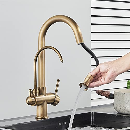 Antikmessing 3-Wege-Küchenarmatur – Zweigriff-Trinkwasserfilter für Warm- und Kaltwasser für optimale Filtration und stilvolles Design