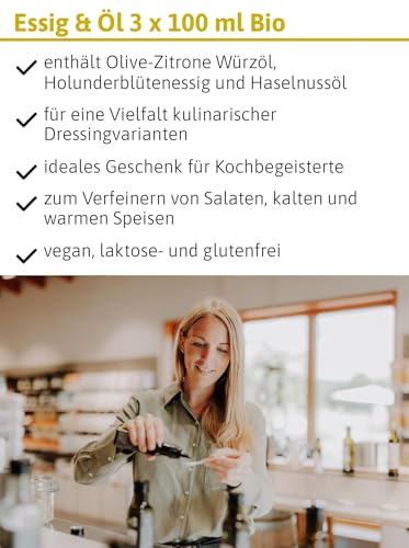 Ölmühle Solling Set Essig und Öl, bio, 3 x 100 ml Flaschen, Inhalt: Holunderblütenbalsamessig, Haselnussöl