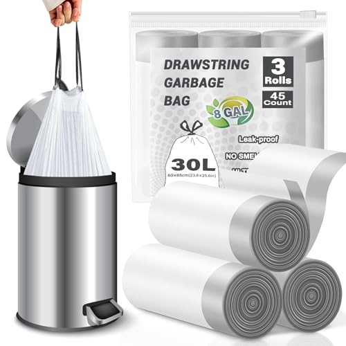 BODFPPC Bin Bags 30L Tear-Free Drawstring Bin Liners 20um Thickened Heavy Duty Tall Kitchen Bathroom Garbage Bags 30 Litres White 45 Counts