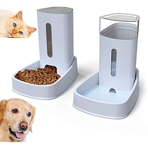 Gravity Automatic Cat Feeders Set Dog Food Feeder with Water Dispenser, Pet Feeder and Water Dispenser Set 3.8L X 2Pcs for Small/Large Puppy Kitten (Grey) Cover
