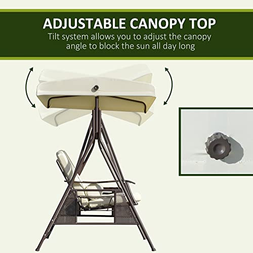 Image of Outsunny 2-Person Patio Swing Bench with Adjustable Shade Canopy, Soft Cushions, Throw Pillows and Tray, Beige.
