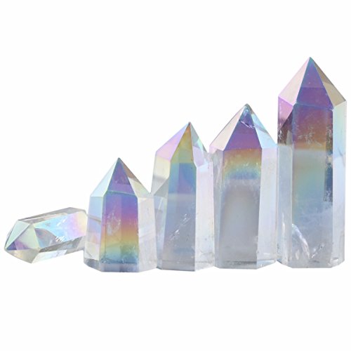 Rockcloud White Titanium Coated Healing Crystal Point Faceted Prism Wand Carved Reiki Stone Figurine #TOP4