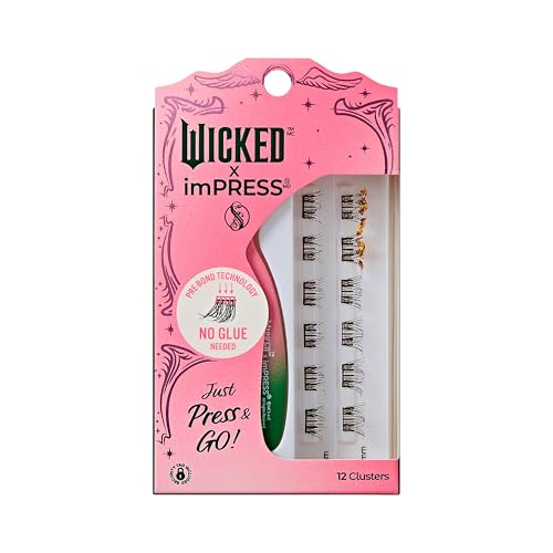 WICKED X imPRESS Press On Self Adhesive Eyelashes, ‘Magic Unleashed’, 8mm-10mm Natural Volume Press On Lashes, Gold Glitter, No Glue Needed, 12 Lash Clusters & Non-Stick Mini Applicator
