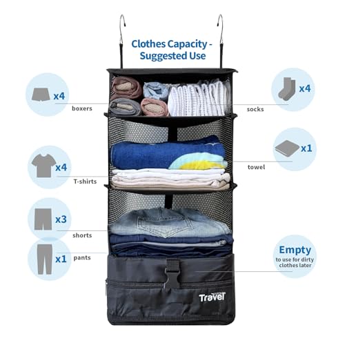 Grand Fusion Stow-N-Go Packing Organizer for Luggage, Portable Hanging Travel Shelves, Carry-On Closet, Hanging Packing Cubes, Collapsible Carry-On Organizer for Cruises & Hotels. Black - L by Grand Fusion - Image 2