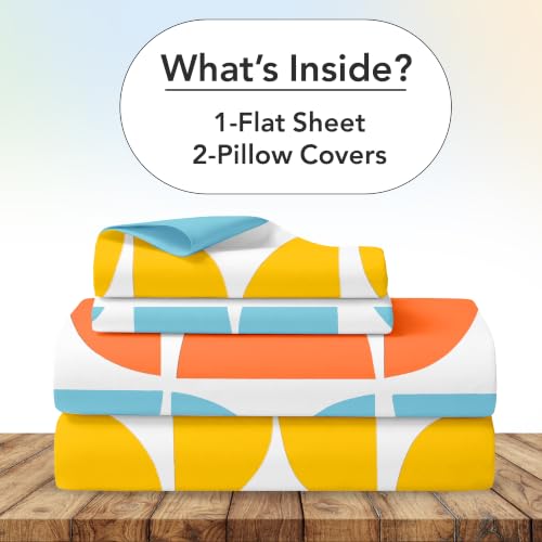 Image of Divine Casa Cotton King Size Bedsheet | 210 TC Soft Breathable Pigment Twill Satin Bed Sheet with 2 Pillow Covers | Luxury Bedding Set | 275 x 275 cm (Orange & Blue, Gemetic)