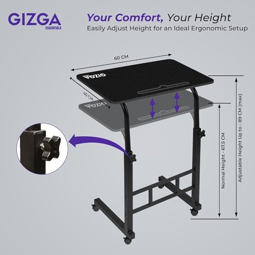 Image of Gizga Premium Height Adjustable Laptop Table for WFH, Bed, Sofa, Office| Foldable & Portable MDF Wooden Desk| Ergonomic Trolley Table with Wheels Lock, Heavy Duty Rust Proof Metal (Black)