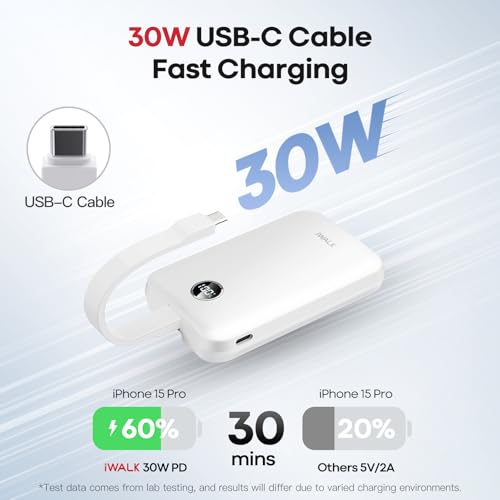 Image of iWALK Magnetic Power Bank 10000mAh, 30W Wireless Portable Charger with Fast Charging USB-C Cable,Qi2 Certified 15W Battery Pack with LED Display for iPhone 17 /16 /16 Pro /15 /14 /13 Series, Samsung Galaxy
