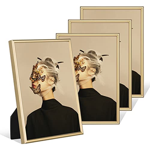 Fkvat 3.5X5 Picture Frame Set Of 4, Brushed Brass Simple Modern Thin Aluminum Metal Photo Frame Fits 3.5X5 Photo. Display For Tabletop Or Wall Collage. (Horizontal & Vertical). #TOP12