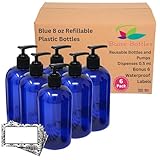 BAIRE BOTTLES - 8 OZ BLUE PLASTIC REFILLABLE BOTTLES with BLACK PUMPS - ORGANIZE Soap, Shampoo and Lotion with a Classy Look - PET, Lightweight, Leakproof, BPA Free - 6 Pk, BONUS 6 DAMASK LABELS
