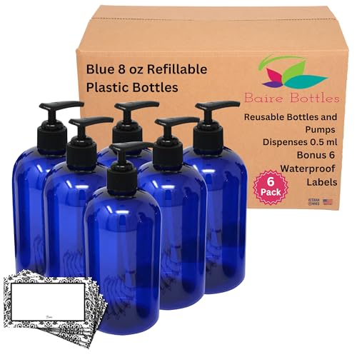 Baire Bottles 8 oz Empty Refillable Plastic Bottles with Pump - Soap, Shower, Lotion, Massage Oil, Travel - 6 Pack, Waterproof Labels, PET, BPA Free, USA (Blue with Black Pumps, Damask Labels)