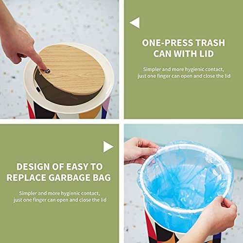 Ibpnkfaz89 Small Trash Can With Lid Mid Century Abstract Stock Garbage Bin Wood Waste Bin Press Cover Round Wastebasket For Bathroom Bedroom Office Kitchen, 8.66X14.3Inch #TOP5