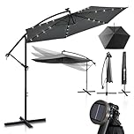 Juskys Ampelschirm Brazil 350 cm LED Beleuchtung Solar & Kurbel - UV-Schutz wasserabweisend knickbar - Hülle - Sonnenschirm Marktschirm grau