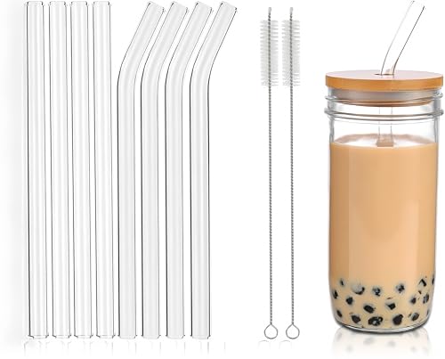 10 reusable high borosilicate glass straws and brushes, size 7 inches x 8 millimeters, including 4 straight pipes, 4 elbows, and 2 cleaning brushes, for juice, coffee, and cocktails